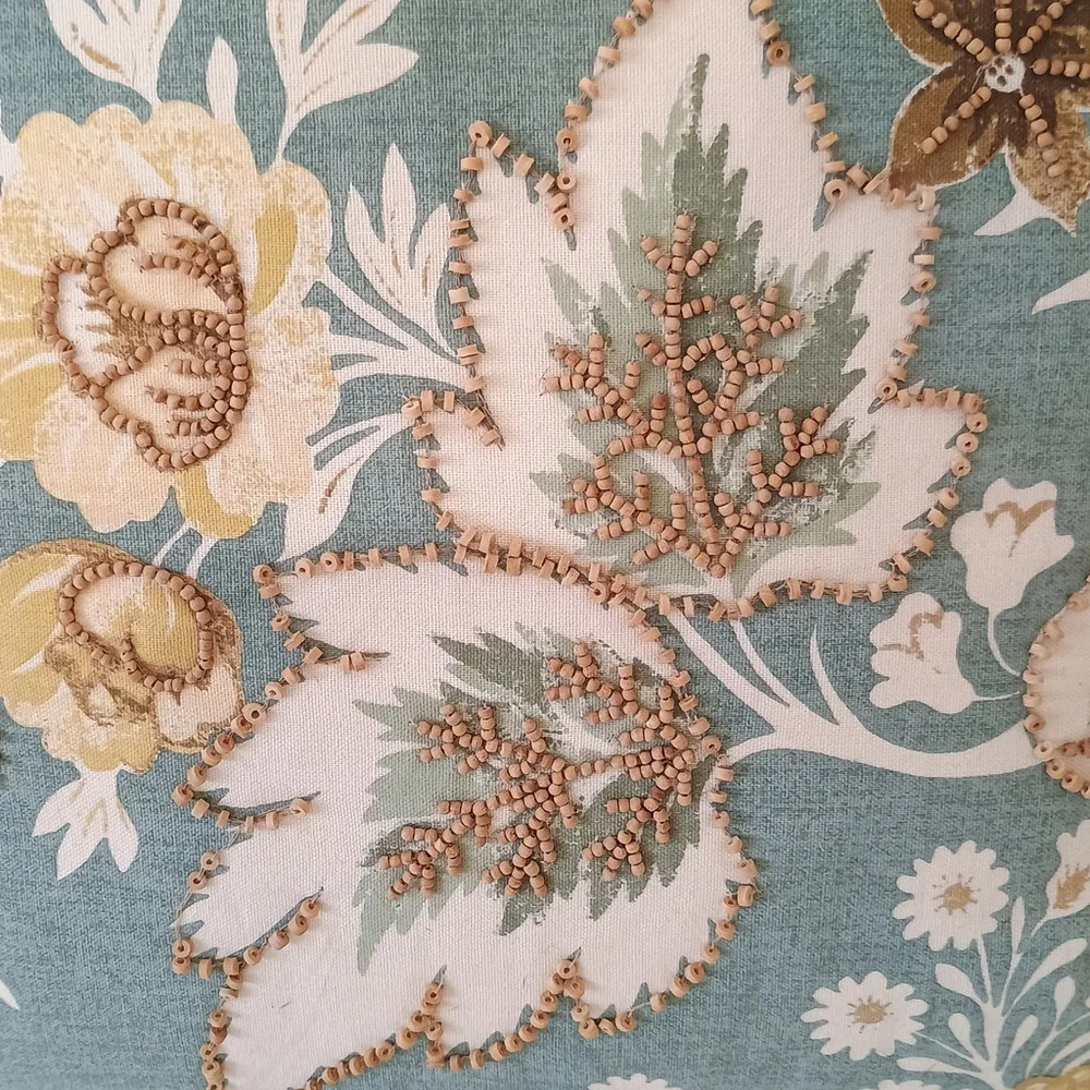 Pottery Barn 18x18 Throw Pillow Wood Beads Leaves Floral Blue Cream Down Feather